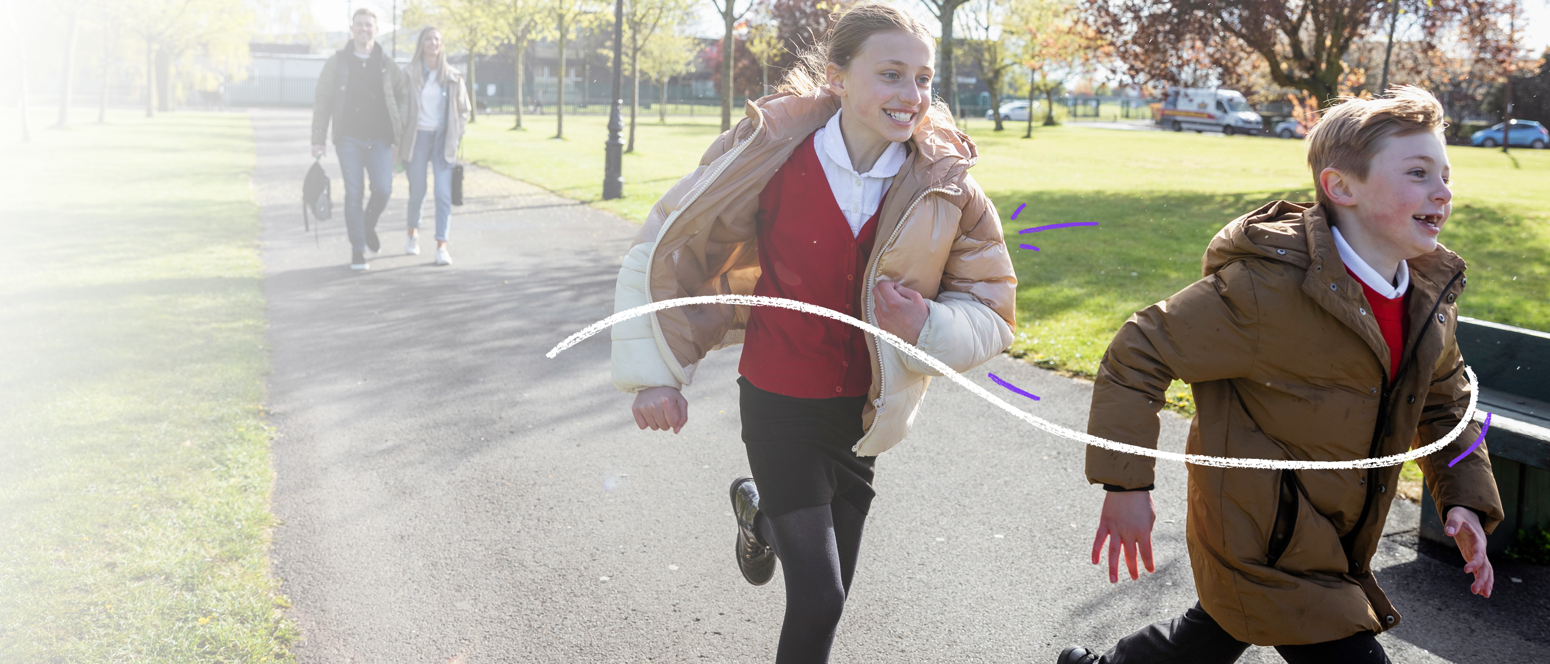 Children running home from school