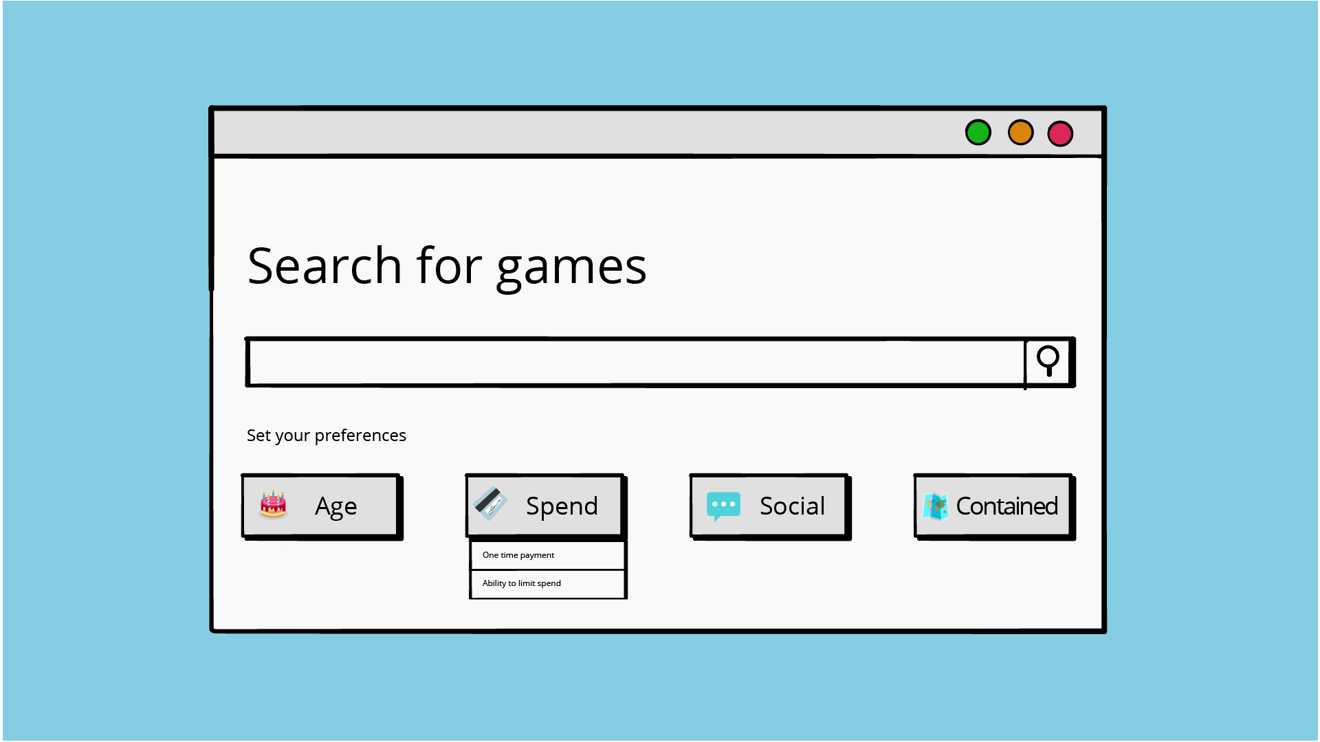 A browser window with a search bar labeled "Search for games" and four preference options: Age, Spend, Social, and Contained, on a light blue background.