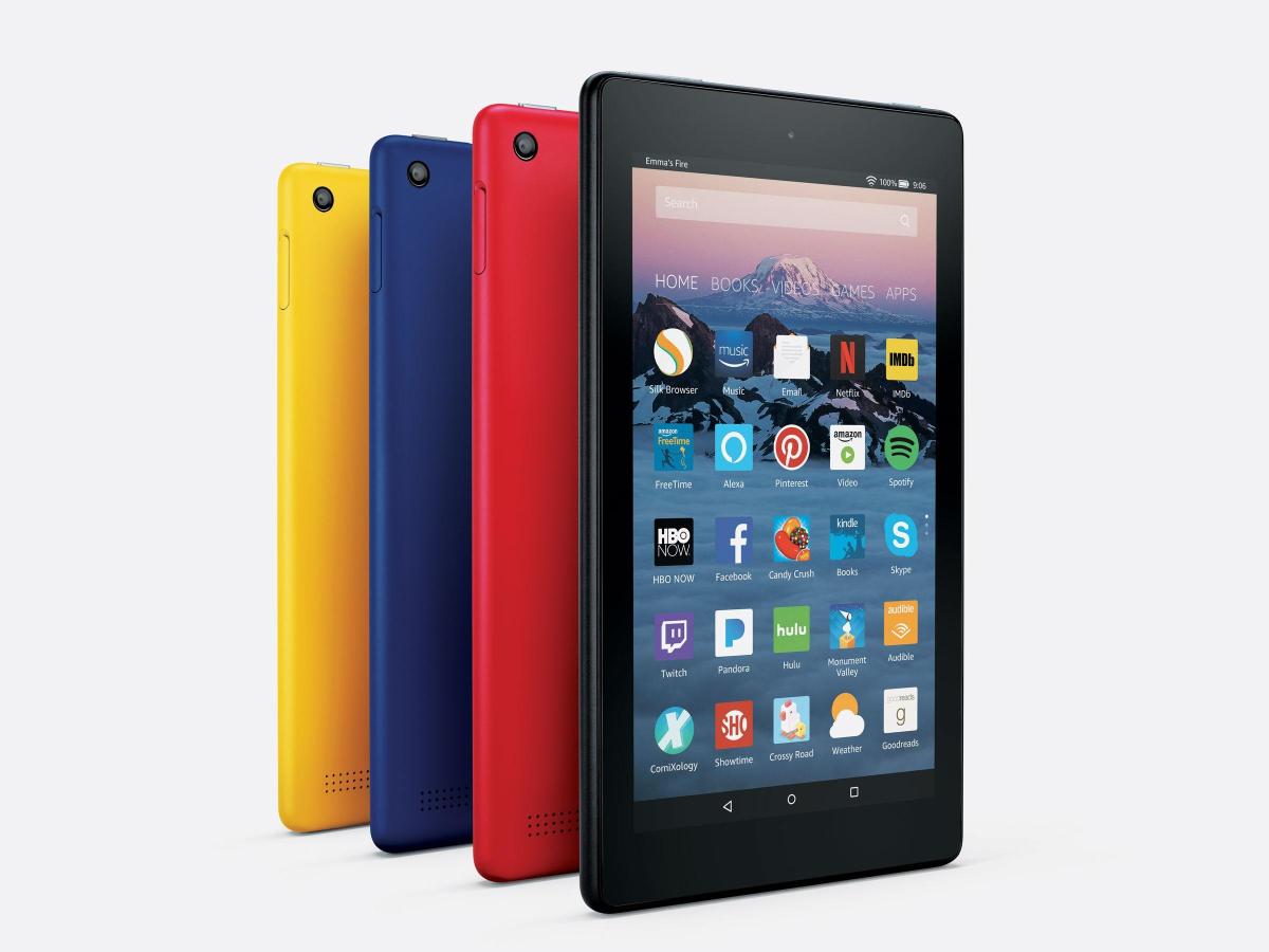 different coloured Amazon Fire tablets